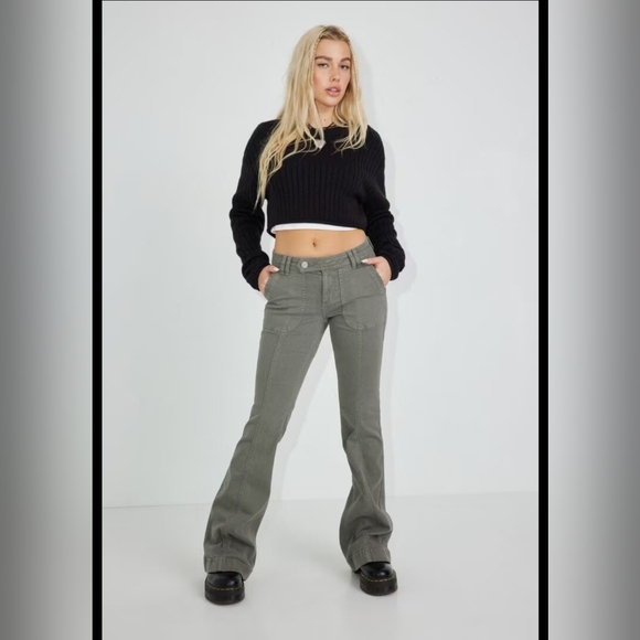 Garage Low Rise Green Gray Stretch Denim Flared Jeans - Picture 1 of 8
